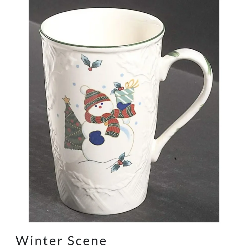 Vintage Mikasa Coffee Mugs~English Countryside ~Winter Scene~Cup~Snowman~Holiday